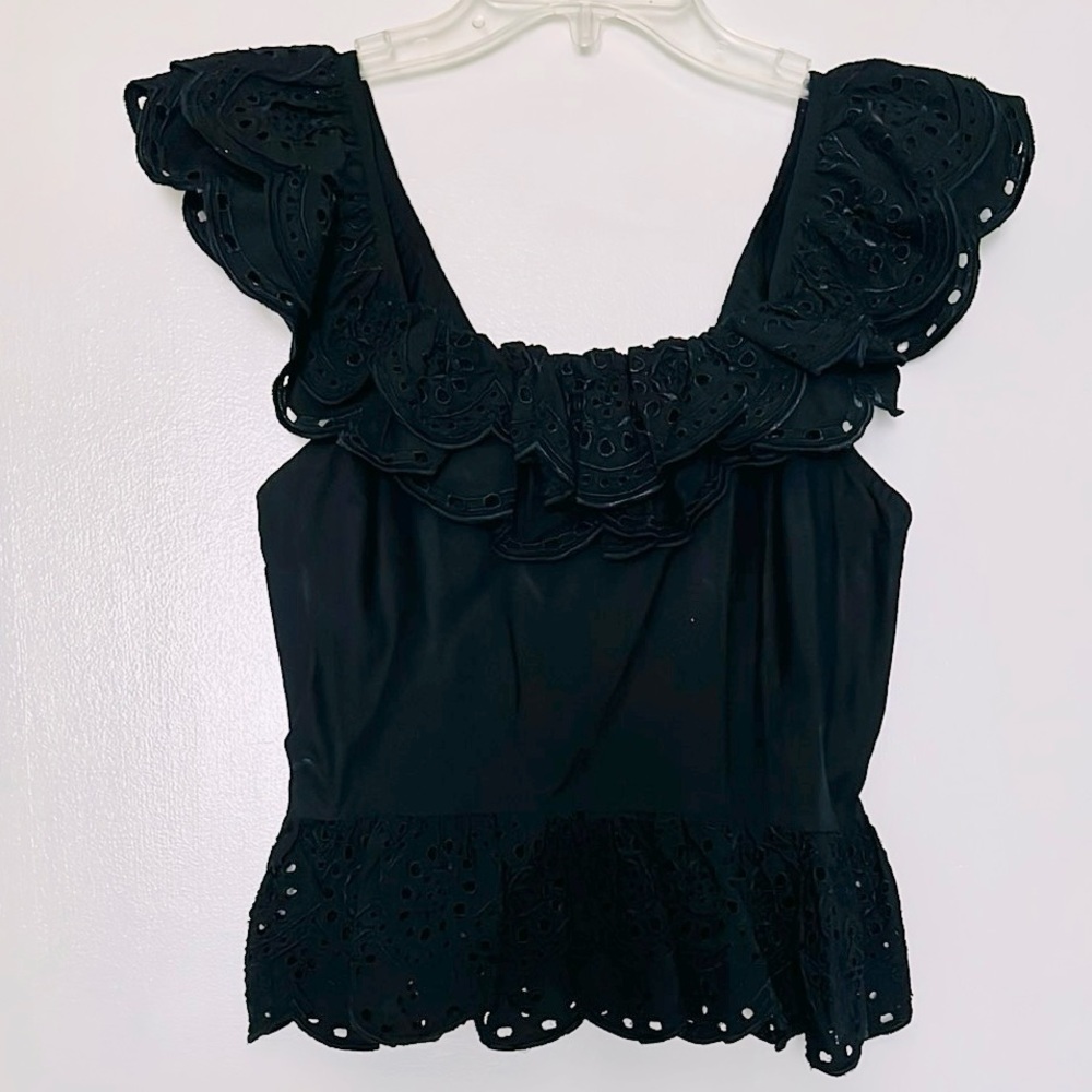Express Black Eyelet Ruffled Sleeve Peplum Blouse W/Open tieback Women’s Medium
